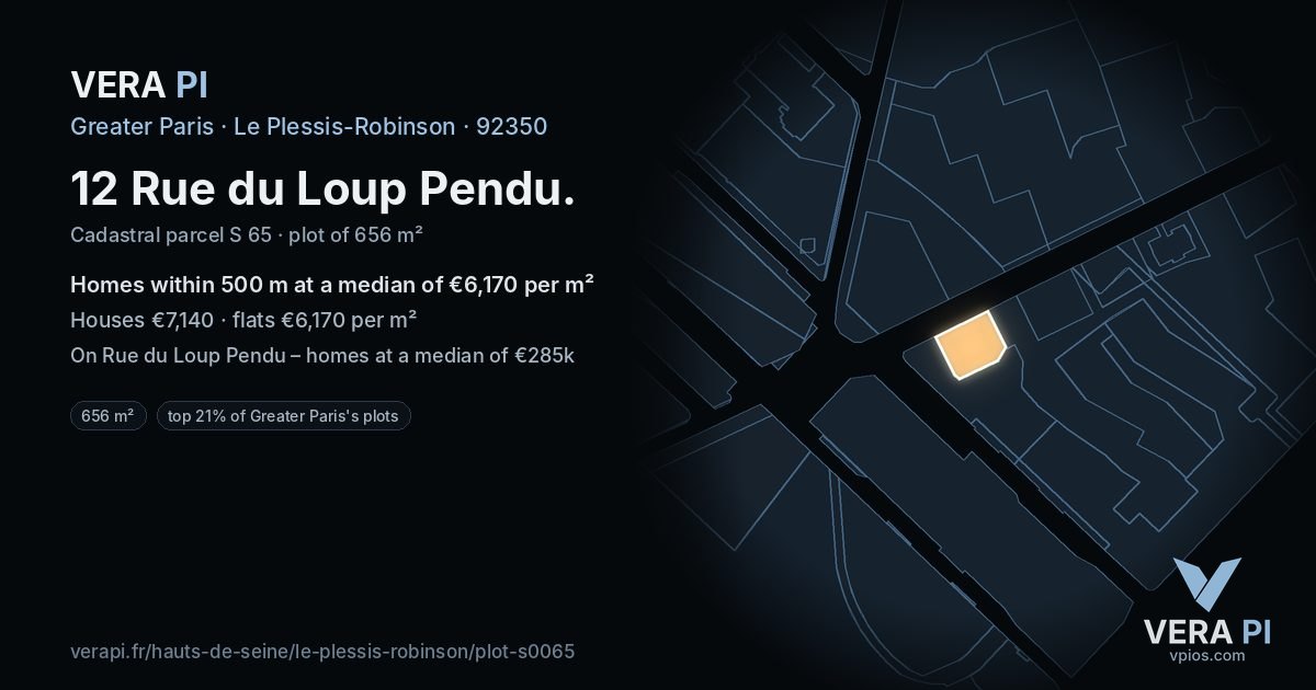 12 Rue du Loup Pendu, Le Plessis-Robinson at night – the plot lit, the parcels around coloured by the prices near them