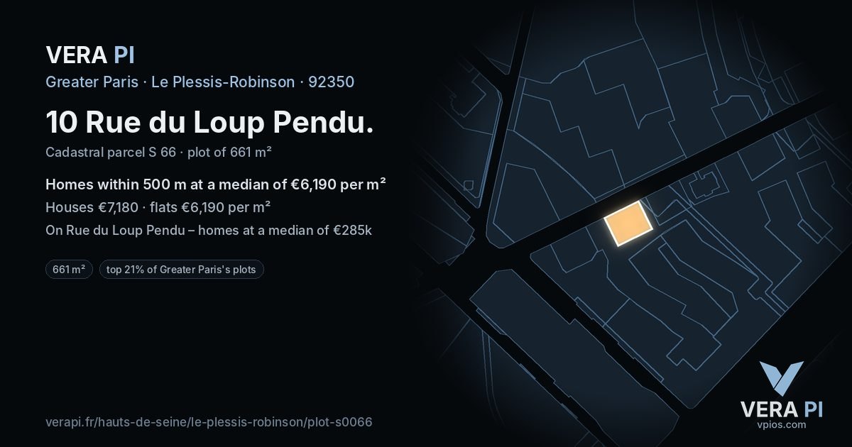 10 Rue du Loup Pendu, Le Plessis-Robinson at night – the plot lit, the parcels around coloured by the prices near them