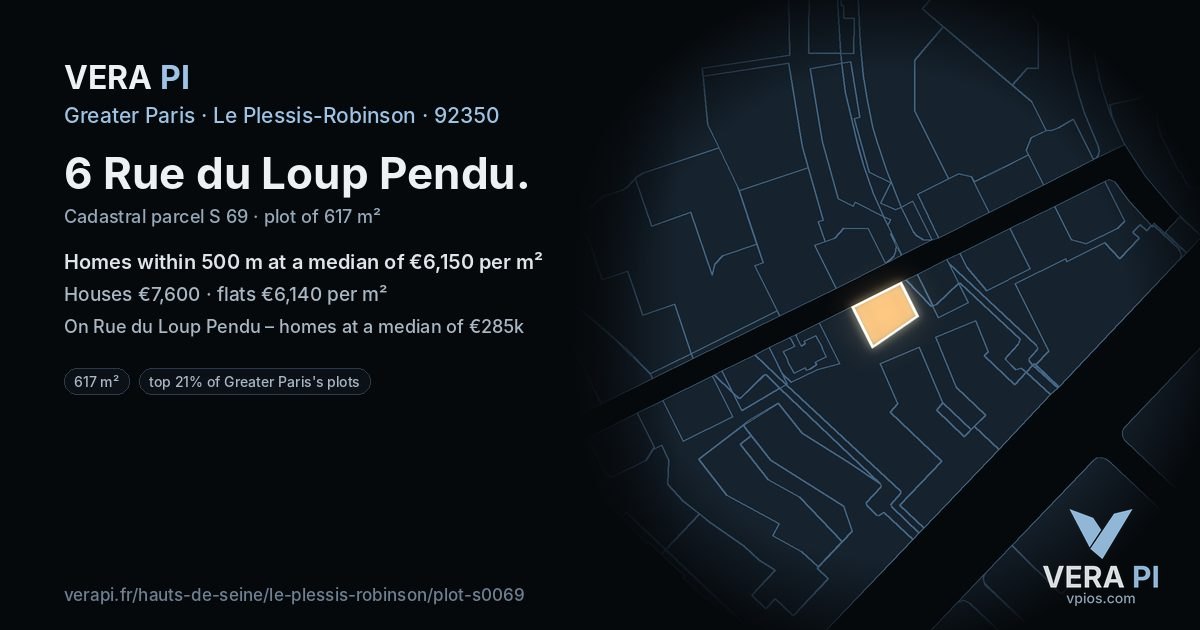 6 Rue du Loup Pendu, Le Plessis-Robinson at night – the plot lit, the parcels around coloured by the prices near them