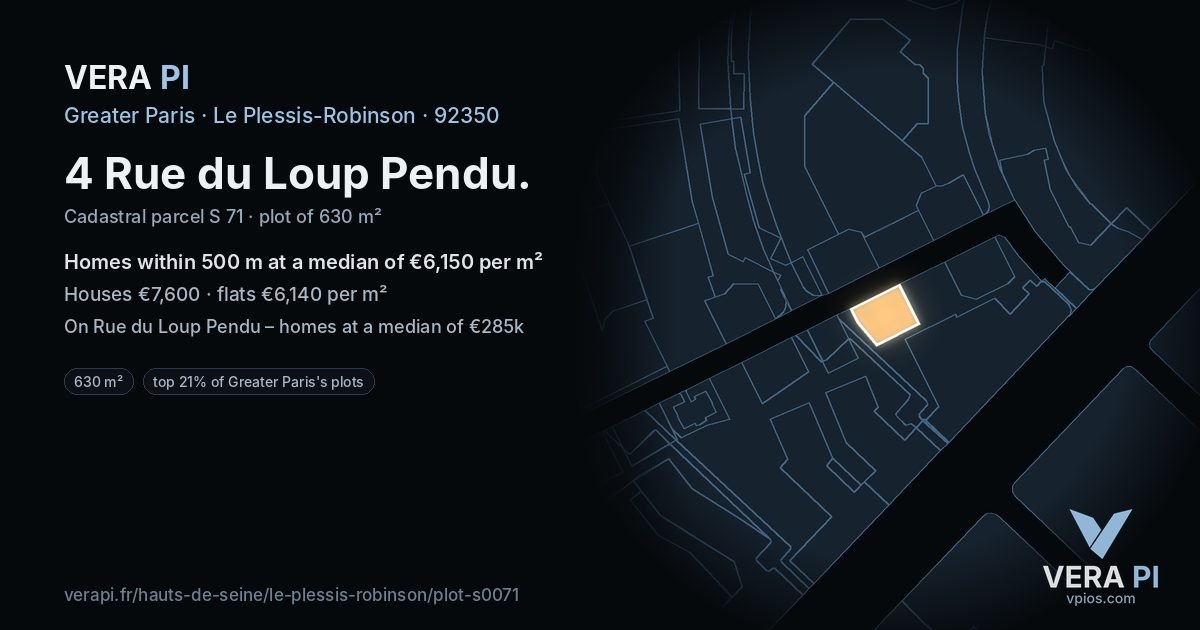 4 Rue du Loup Pendu, Le Plessis-Robinson at night – the plot lit, the parcels around coloured by the prices near them