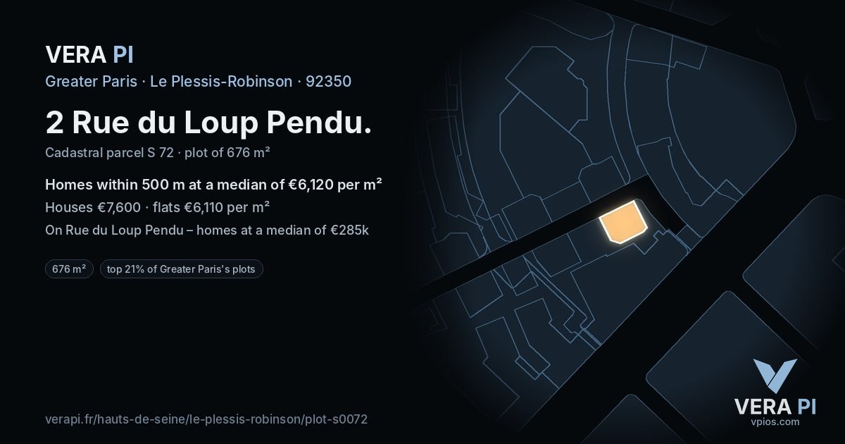 2 Rue du Loup Pendu, Le Plessis-Robinson at night – the plot lit, the parcels around coloured by the prices near them