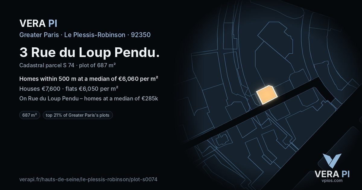 3 Rue du Loup Pendu, Le Plessis-Robinson at night – the plot lit, the parcels around coloured by the prices near them