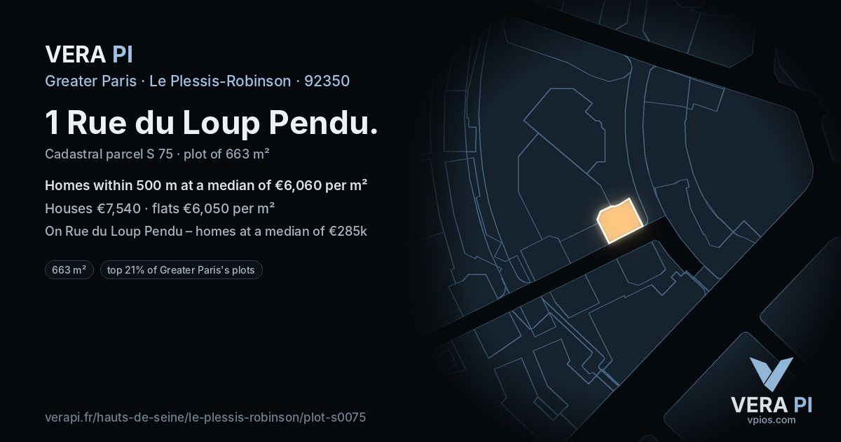 1 Rue du Loup Pendu, Le Plessis-Robinson at night – the plot lit, the parcels around coloured by the prices near them