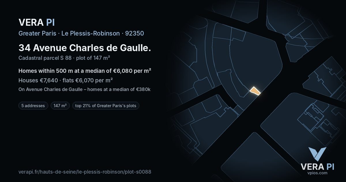 34 Avenue Charles de Gaulle, Le Plessis-Robinson at night – the plot lit, the parcels around coloured by the prices near them