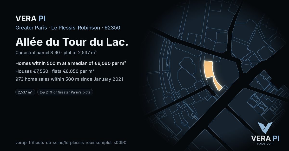 Allée du Tour du Lac, Le Plessis-Robinson at night – the plot lit, the parcels around coloured by the prices near them