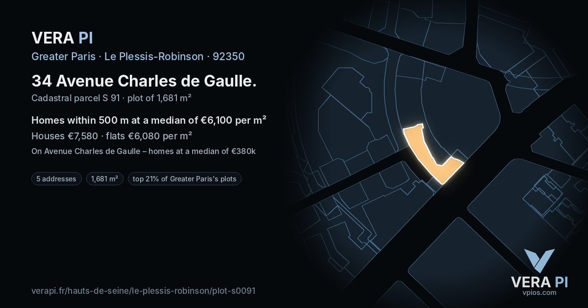 34 Avenue Charles de Gaulle, Le Plessis-Robinson at night – the plot lit, the parcels around coloured by the prices near them