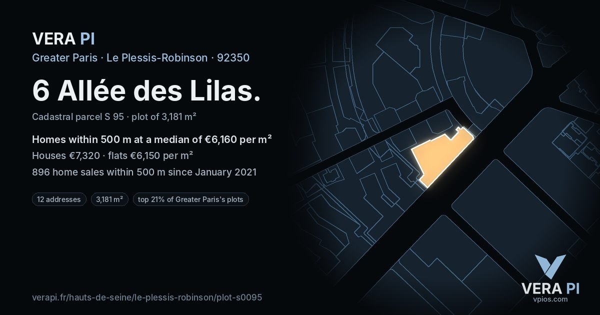 6 Allée des Lilas, Le Plessis-Robinson at night – the plot lit, the parcels around coloured by the prices near them