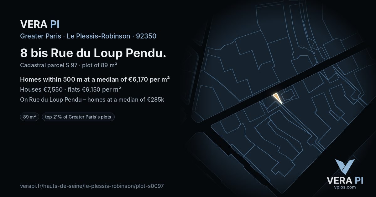 8 bis Rue du Loup Pendu, Le Plessis-Robinson at night – the plot lit, the parcels around coloured by the prices near them