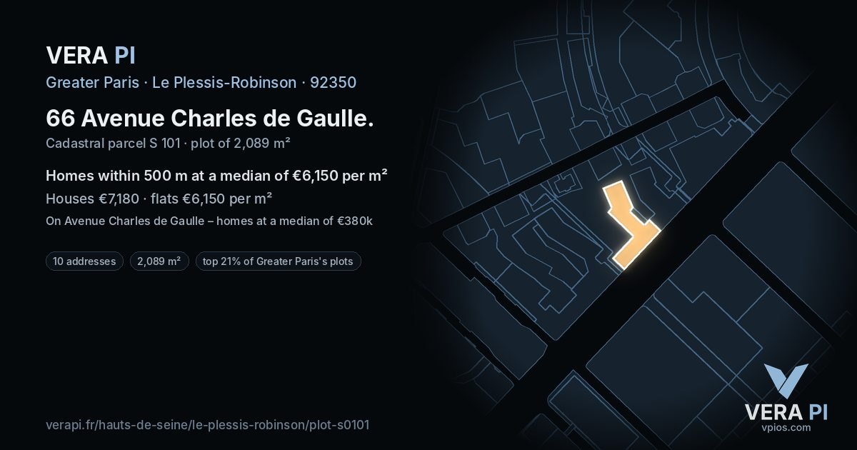 66 Avenue Charles de Gaulle, Le Plessis-Robinson at night – the plot lit, the parcels around coloured by the prices near them