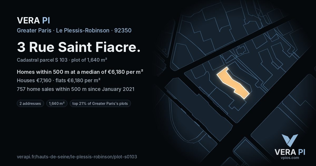 3 Rue Saint Fiacre, Le Plessis-Robinson at night – the plot lit, the parcels around coloured by the prices near them
