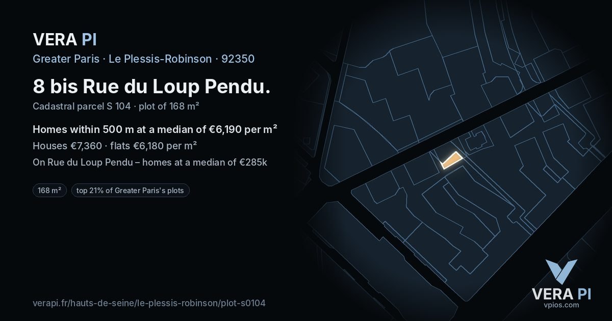 8 bis Rue du Loup Pendu, Le Plessis-Robinson at night – the plot lit, the parcels around coloured by the prices near them