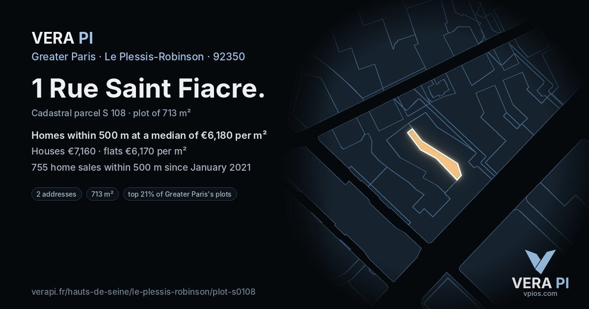 1 Rue Saint Fiacre, Le Plessis-Robinson at night – the plot lit, the parcels around coloured by the prices near them