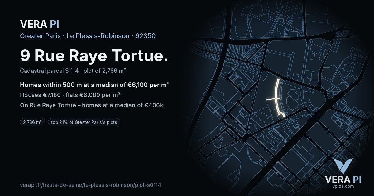 9 Rue Raye Tortue, Le Plessis-Robinson at night – the plot lit, the parcels around coloured by the prices near them