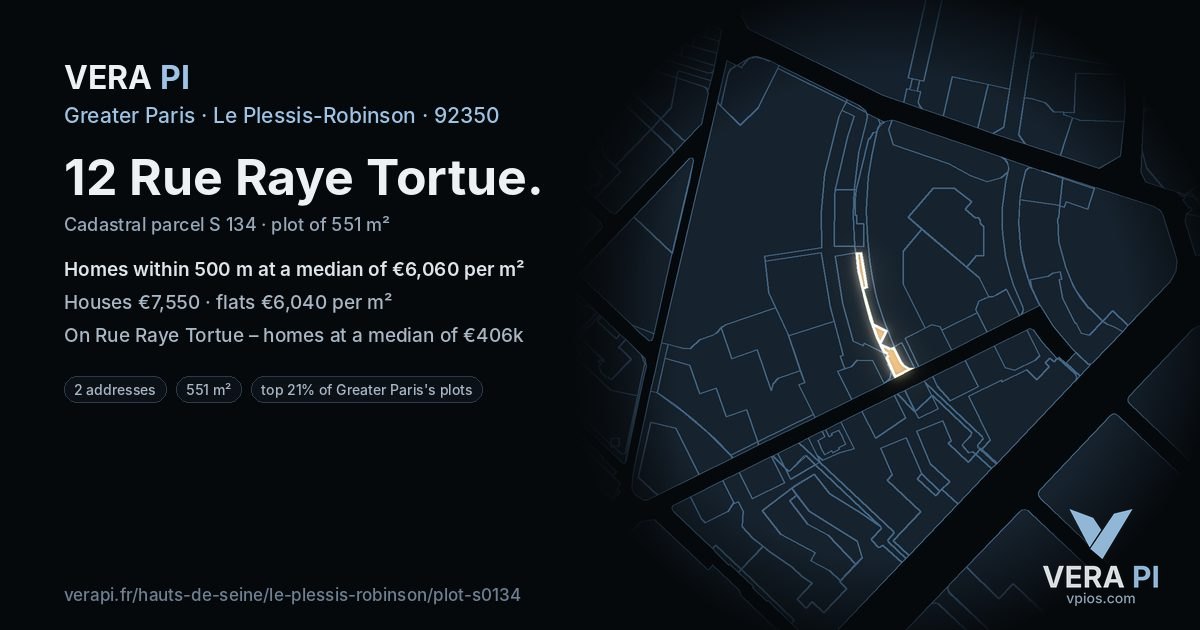 12 Rue Raye Tortue, Le Plessis-Robinson at night – the plot lit, the parcels around coloured by the prices near them