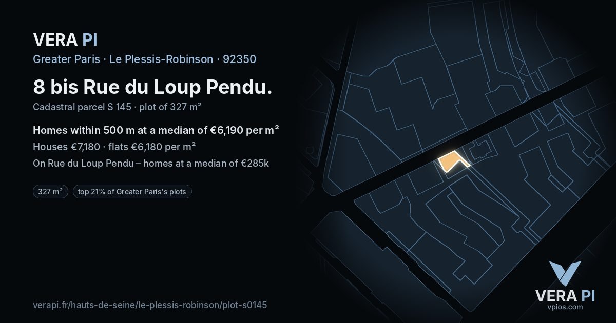 8 bis Rue du Loup Pendu, Le Plessis-Robinson at night – the plot lit, the parcels around coloured by the prices near them