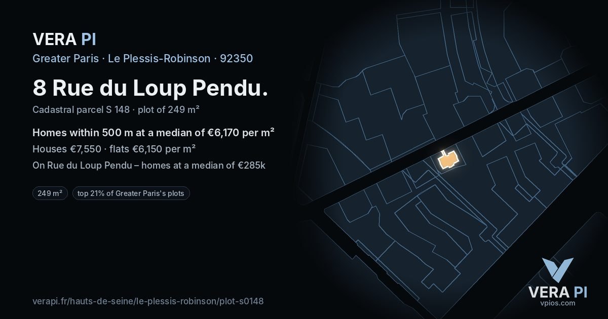 8 Rue du Loup Pendu, Le Plessis-Robinson at night – the plot lit, the parcels around coloured by the prices near them
