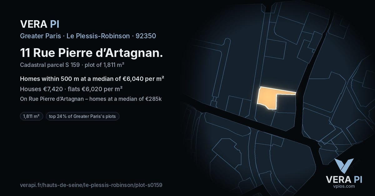 11 Rue Pierre d’Artagnan, Le Plessis-Robinson at night – the plot lit, the parcels around coloured by the prices near them
