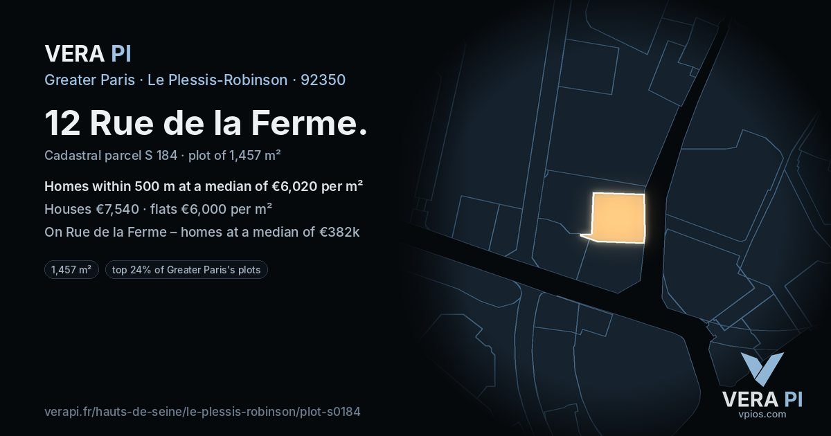 12 Rue de la Ferme, Le Plessis-Robinson at night – the plot lit, the parcels around coloured by the prices near them