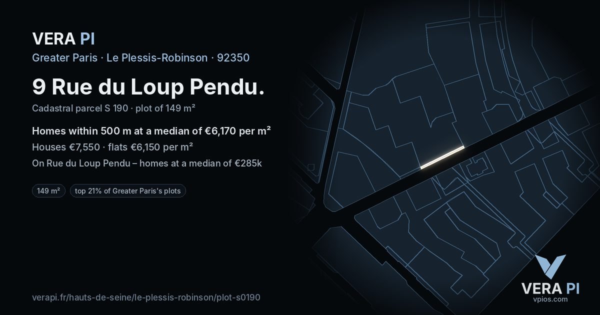 9 Rue du Loup Pendu, Le Plessis-Robinson at night – the plot lit, the parcels around coloured by the prices near them