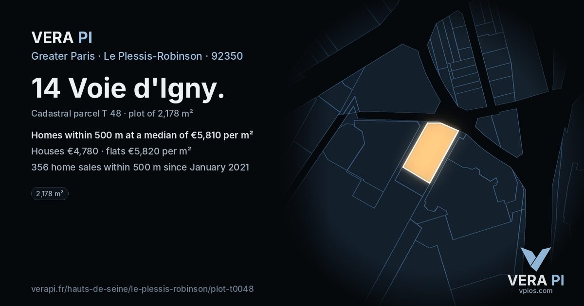 14 Voie d'Igny, Le Plessis-Robinson at night – the plot lit, the parcels around coloured by the prices near them
