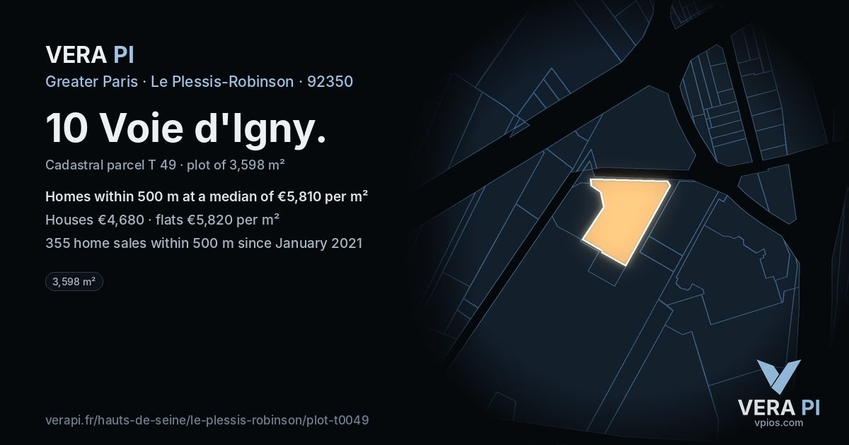 10 Voie d'Igny, Le Plessis-Robinson at night – the plot lit, the parcels around coloured by the prices near them