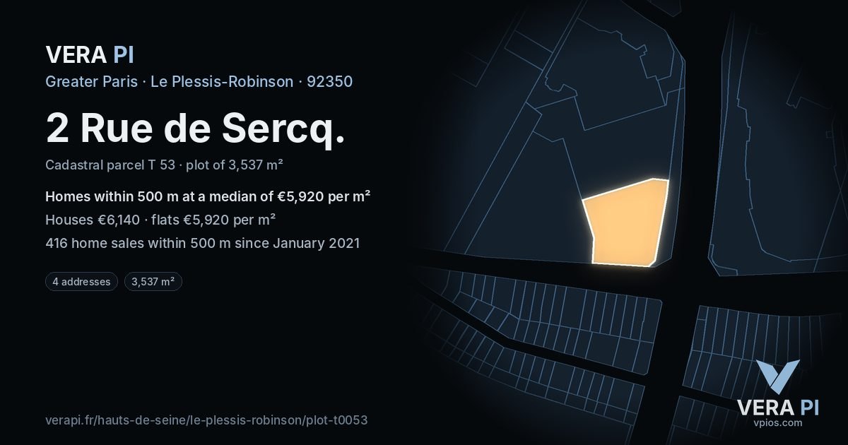 2 Rue de Sercq, Le Plessis-Robinson at night – the plot lit, the parcels around coloured by the prices near them