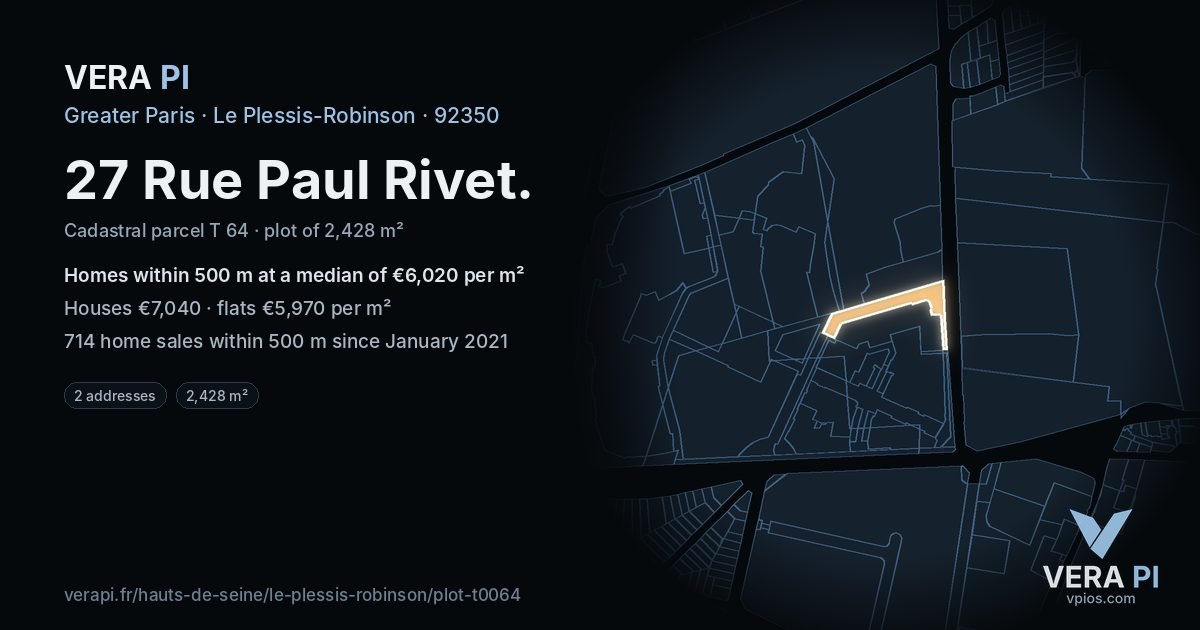 27 Rue Paul Rivet, Le Plessis-Robinson at night – the plot lit, the parcels around coloured by the prices near them