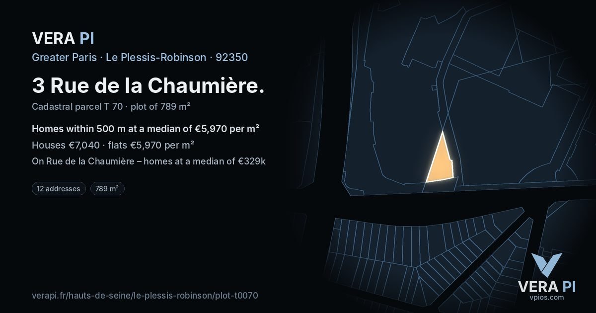 3 Rue de la Chaumière, Le Plessis-Robinson at night – the plot lit, the parcels around coloured by the prices near them