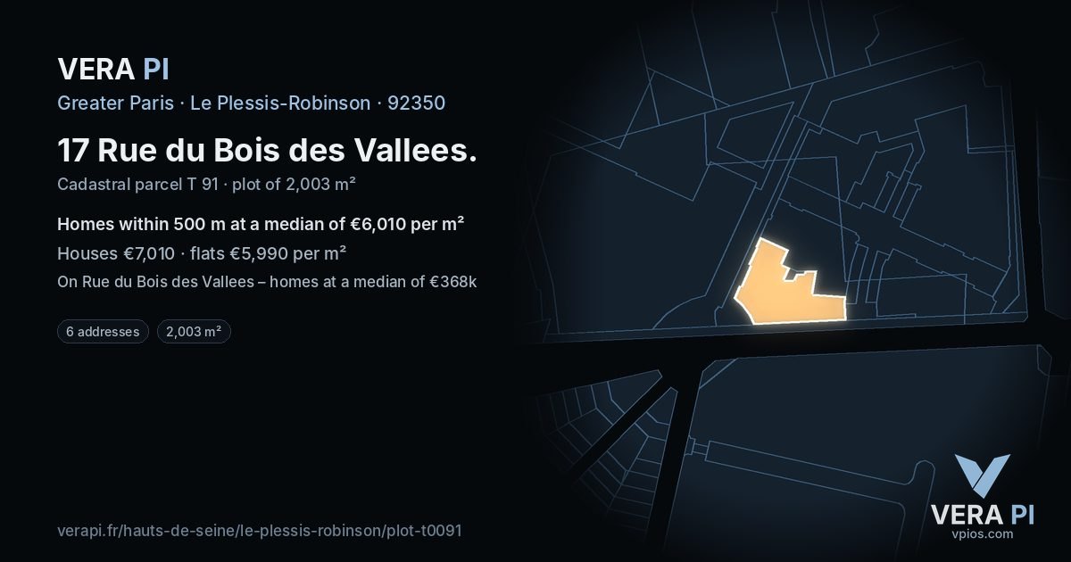 17 Rue du Bois des Vallees, Le Plessis-Robinson at night – the plot lit, the parcels around coloured by the prices near them