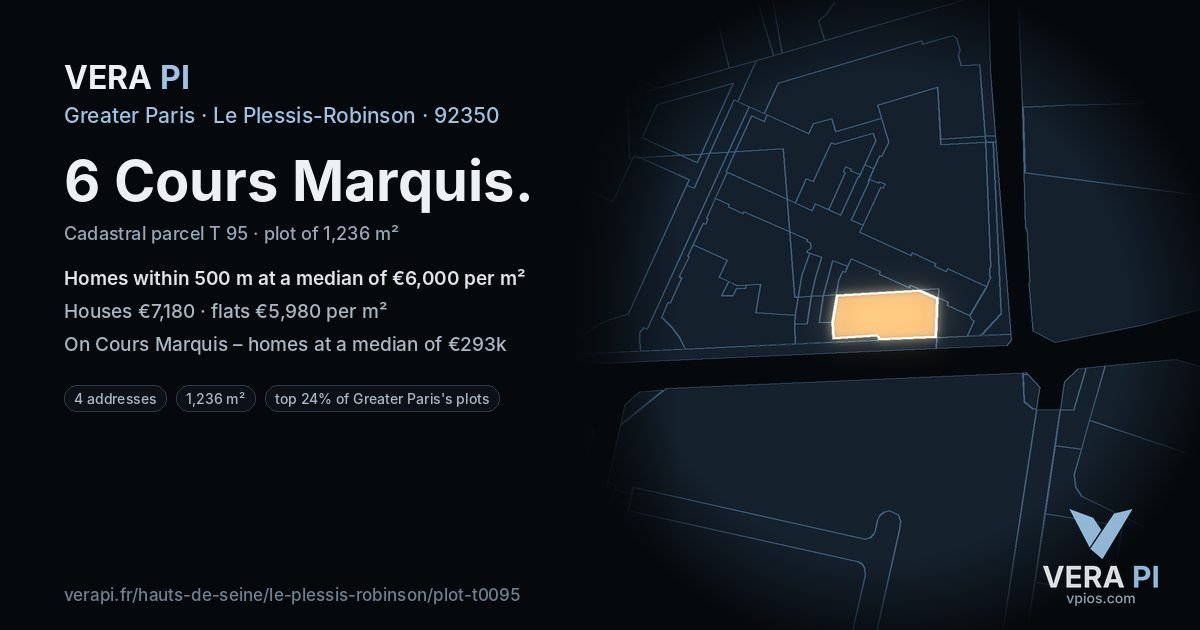 6 Cours Marquis, Le Plessis-Robinson at night – the plot lit, the parcels around coloured by the prices near them