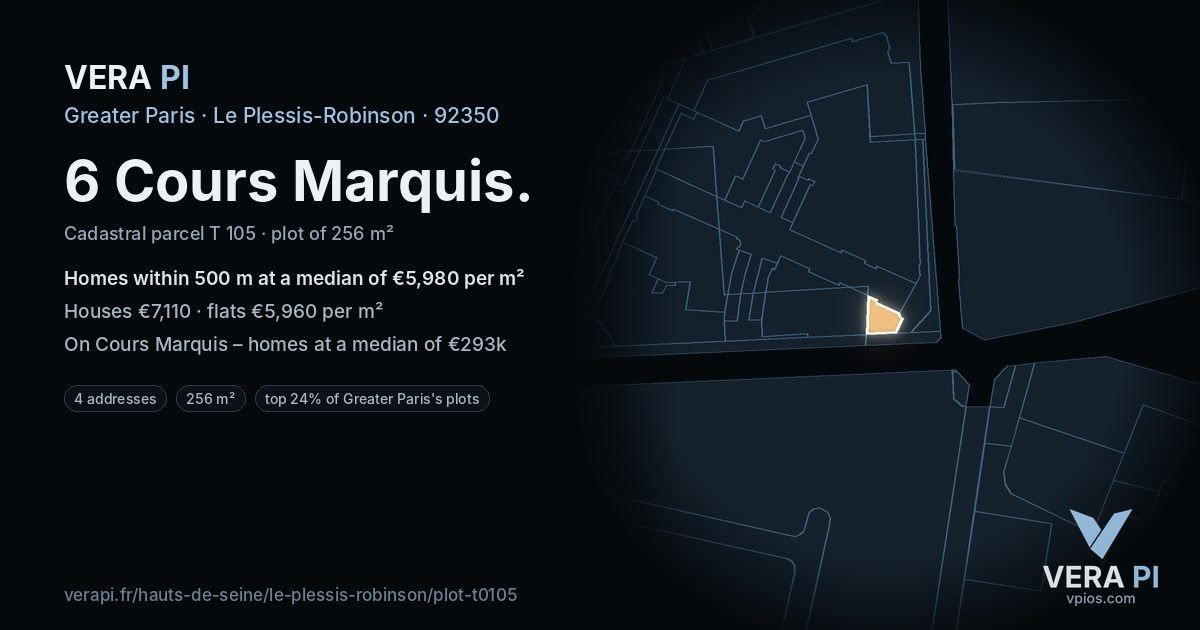 6 Cours Marquis, Le Plessis-Robinson at night – the plot lit, the parcels around coloured by the prices near them