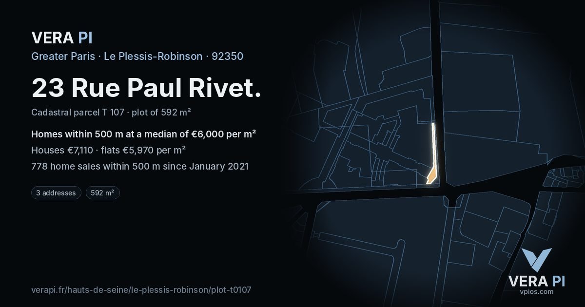 23 Rue Paul Rivet, Le Plessis-Robinson at night – the plot lit, the parcels around coloured by the prices near them