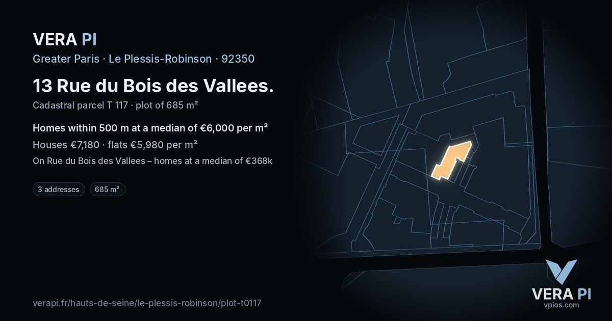 13 Rue du Bois des Vallees, Le Plessis-Robinson at night – the plot lit, the parcels around coloured by the prices near them