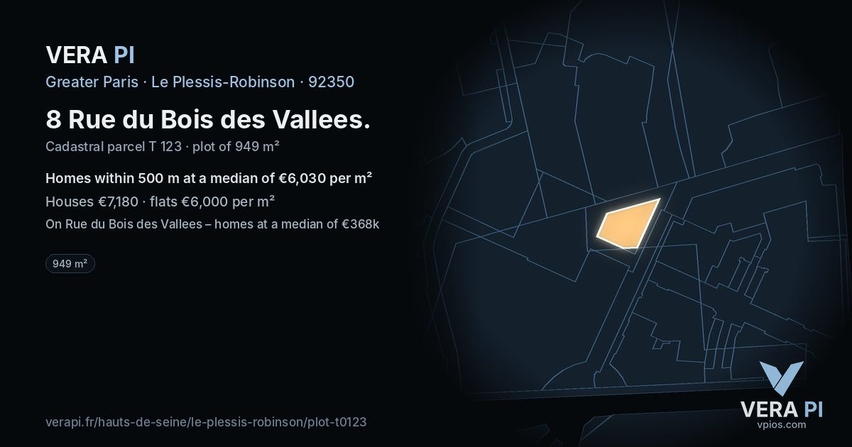 8 Rue du Bois des Vallees, Le Plessis-Robinson at night – the plot lit, the parcels around coloured by the prices near them