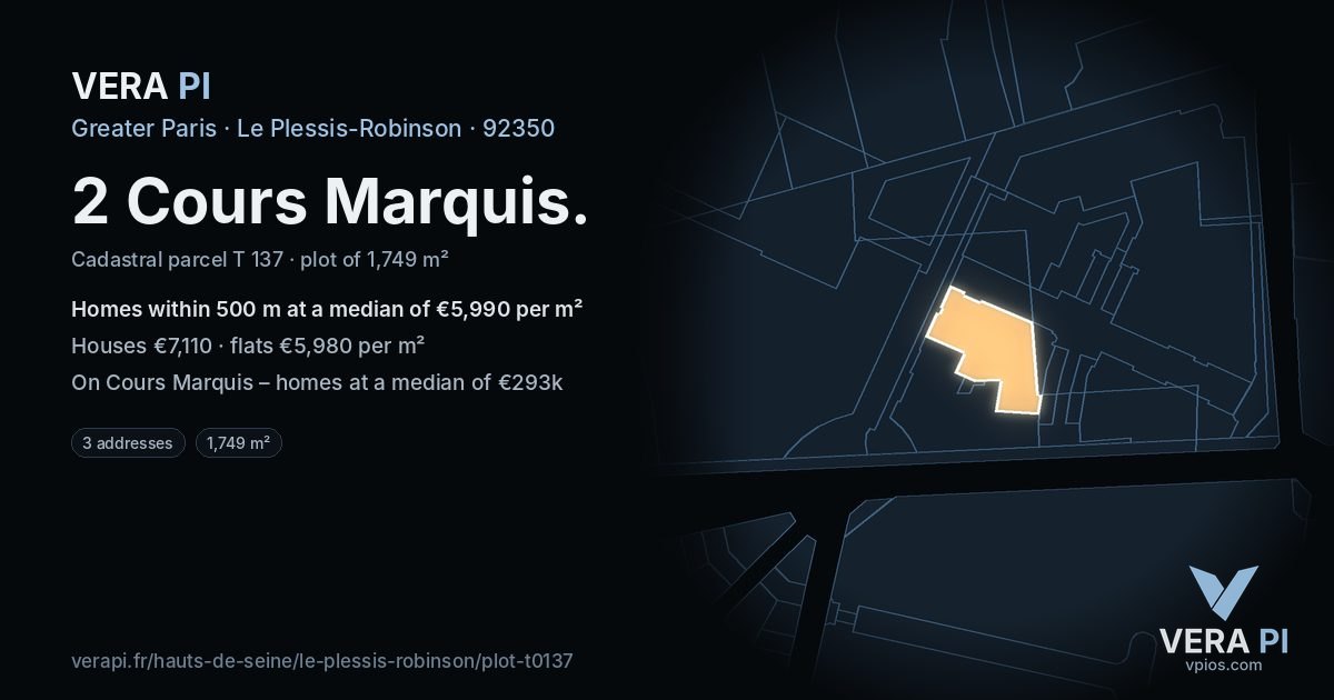 2 Cours Marquis, Le Plessis-Robinson at night – the plot lit, the parcels around coloured by the prices near them