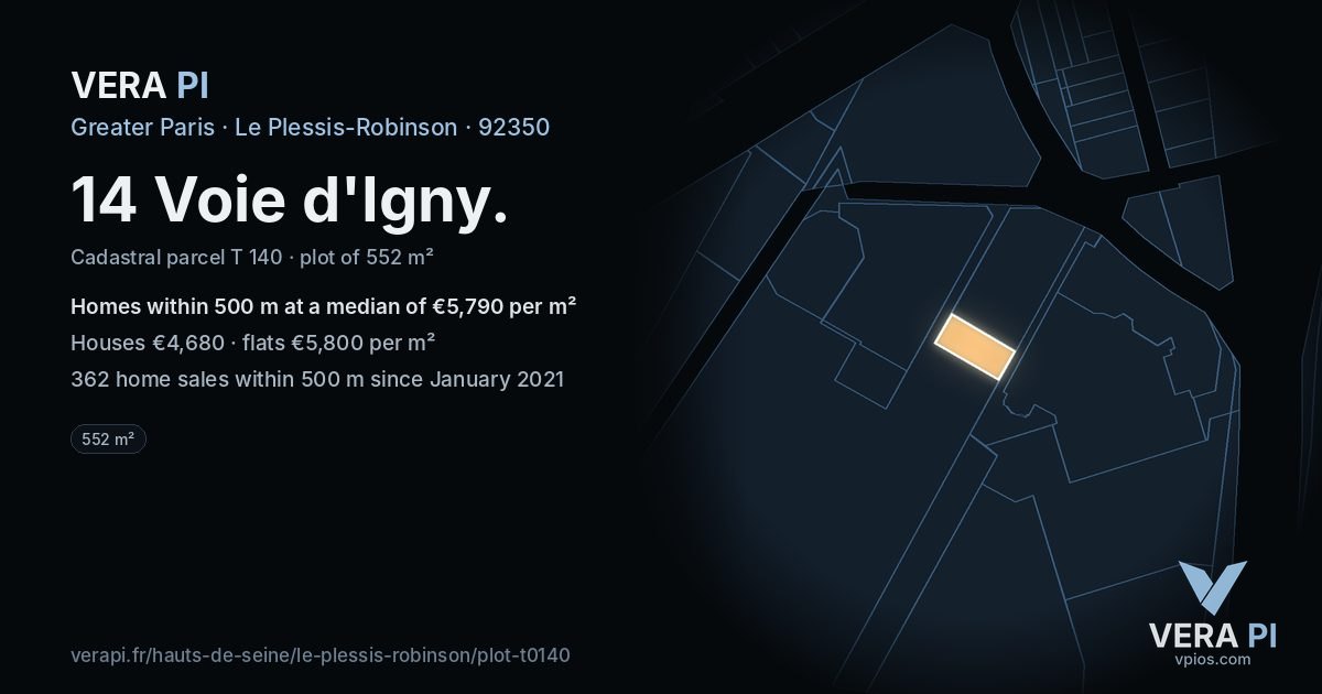 14 Voie d'Igny, Le Plessis-Robinson at night – the plot lit, the parcels around coloured by the prices near them