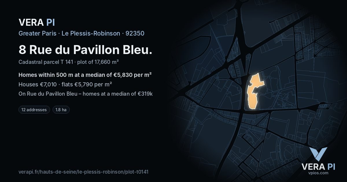8 Rue du Pavillon Bleu, Le Plessis-Robinson at night – the plot lit, the parcels around coloured by the prices near them