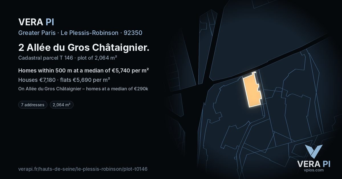 2 Allée du Gros Châtaignier, Le Plessis-Robinson at night – the plot lit, the parcels around coloured by the prices near them