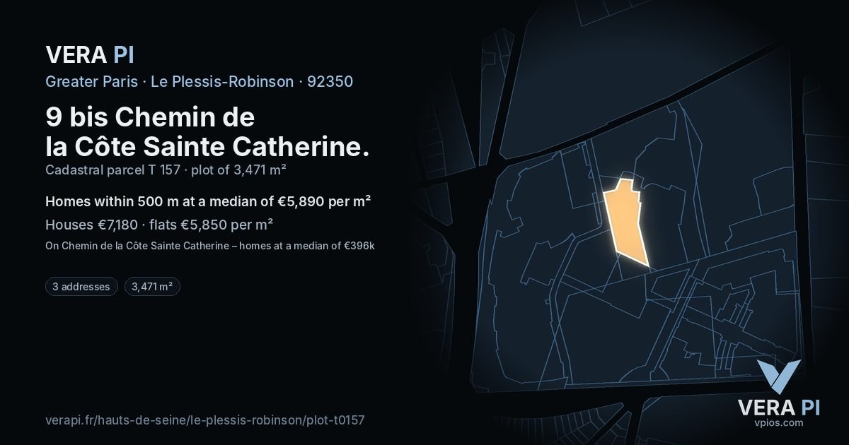 9 bis Chemin de la Côte Sainte Catherine, Le Plessis-Robinson at night – the plot lit, the parcels around coloured by the prices near them