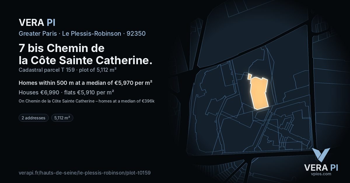 7 bis Chemin de la Côte Sainte Catherine, Le Plessis-Robinson at night – the plot lit, the parcels around coloured by the prices near them