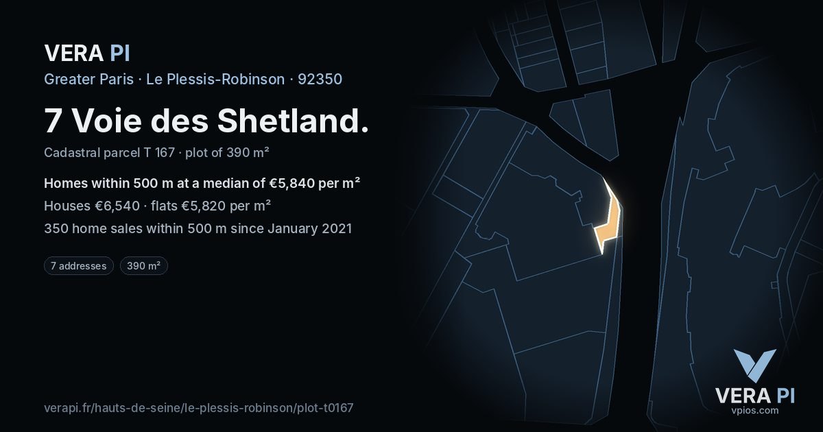 7 Voie des Shetland, Le Plessis-Robinson at night – the plot lit, the parcels around coloured by the prices near them