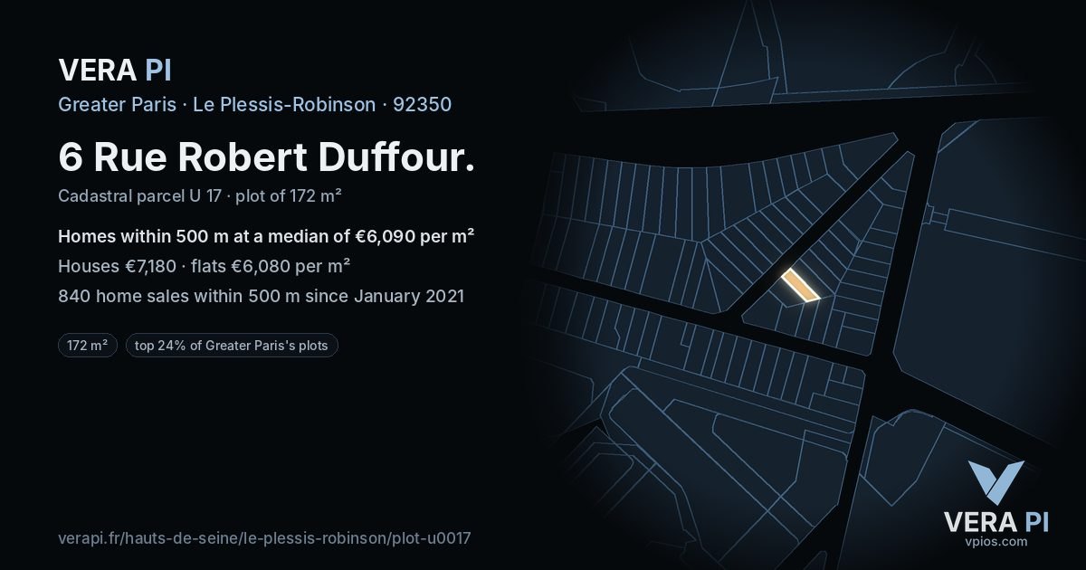 6 Rue Robert Duffour, Le Plessis-Robinson at night – the plot lit, the parcels around coloured by the prices near them