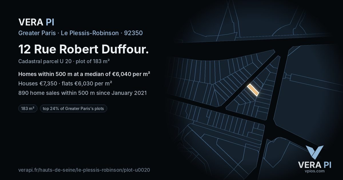 12 Rue Robert Duffour, Le Plessis-Robinson at night – the plot lit, the parcels around coloured by the prices near them