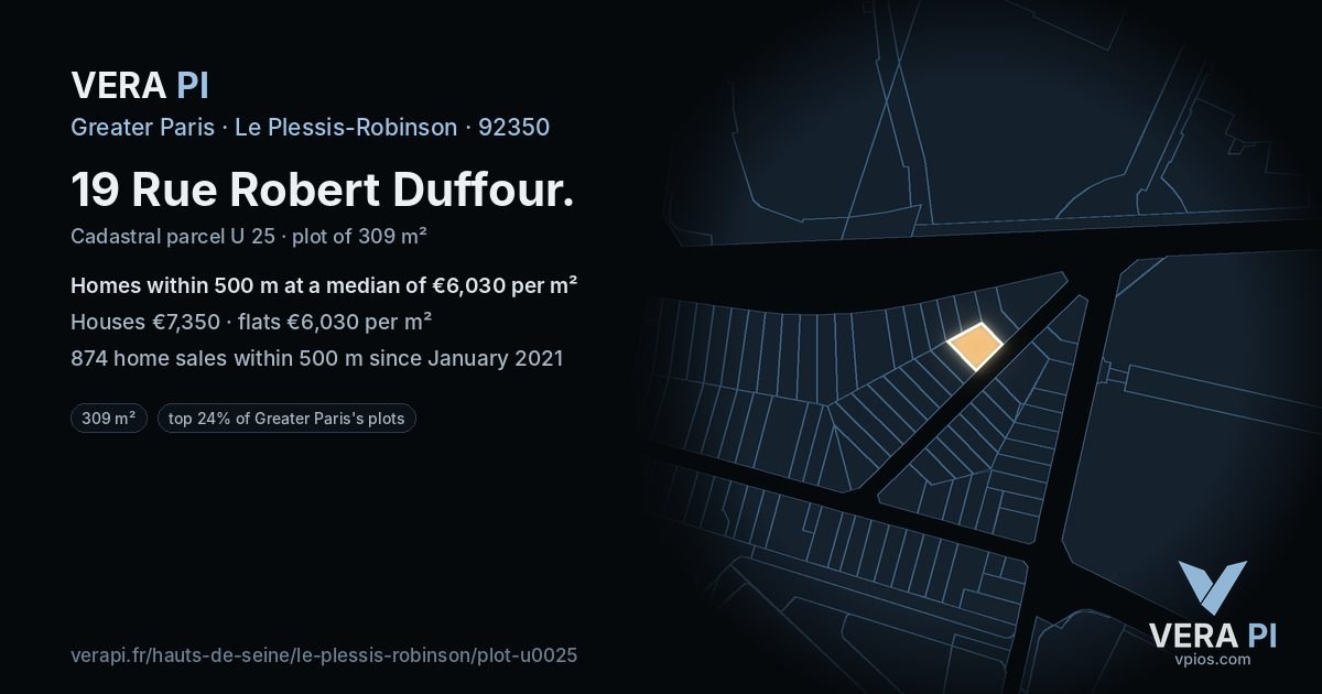 19 Rue Robert Duffour, Le Plessis-Robinson at night – the plot lit, the parcels around coloured by the prices near them