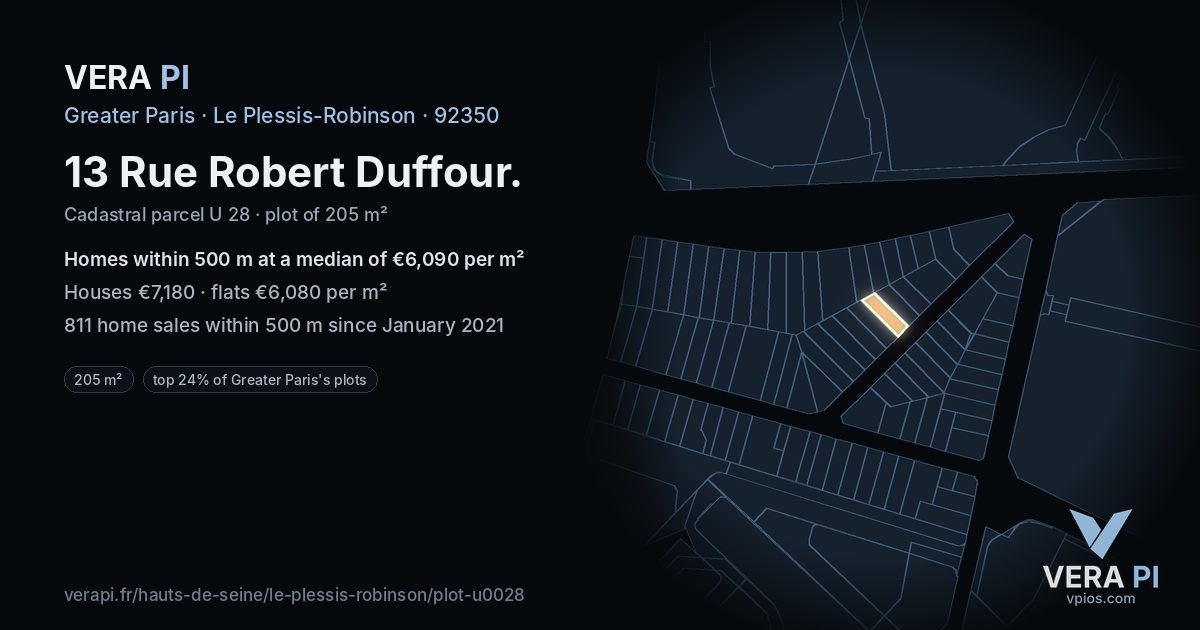 13 Rue Robert Duffour, Le Plessis-Robinson at night – the plot lit, the parcels around coloured by the prices near them