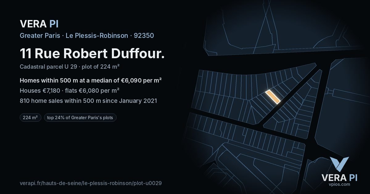 11 Rue Robert Duffour, Le Plessis-Robinson at night – the plot lit, the parcels around coloured by the prices near them