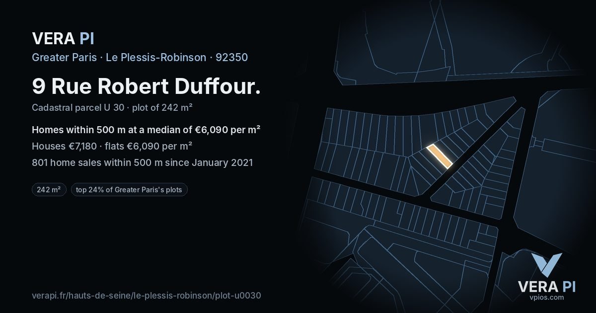 9 Rue Robert Duffour, Le Plessis-Robinson at night – the plot lit, the parcels around coloured by the prices near them