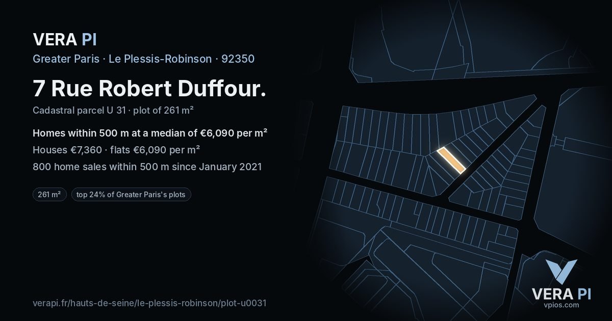 7 Rue Robert Duffour, Le Plessis-Robinson at night – the plot lit, the parcels around coloured by the prices near them