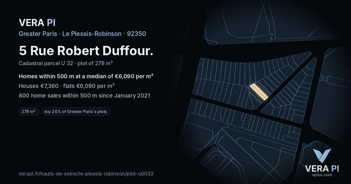 5 Rue Robert Duffour, Le Plessis-Robinson at night – the plot lit, the parcels around coloured by the prices near them