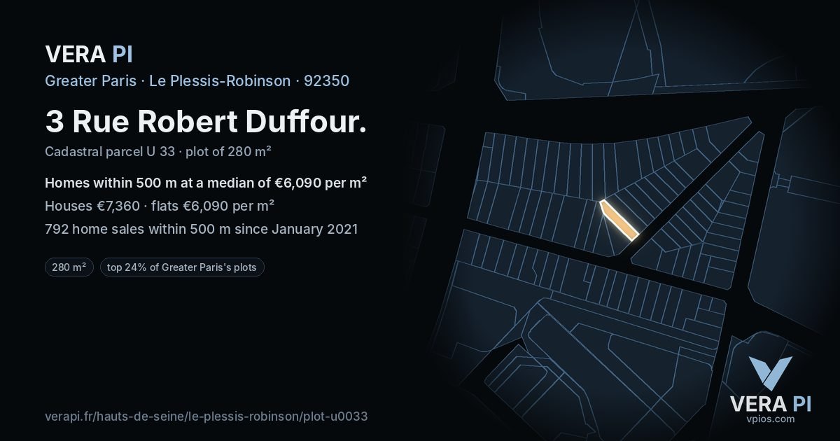 3 Rue Robert Duffour, Le Plessis-Robinson at night – the plot lit, the parcels around coloured by the prices near them